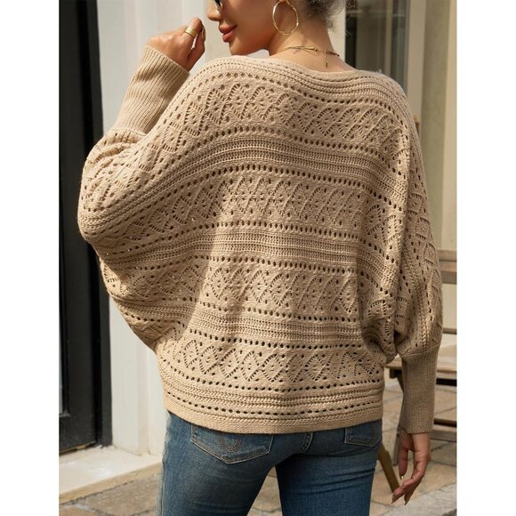 Women’s Apricot Off Shoulder Batwing Crochet Sweater Top, Fall Trendy - Picture 5 of 6